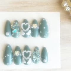 ネイルチップ ハンドメイド ミントグリーン 韓国風 フレンチガーリーのサムネイル