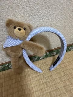 新品韓国風チェック柄もこもこ寝そべりテディベアカチューシャ　乙女心たっぷりのサムネイル