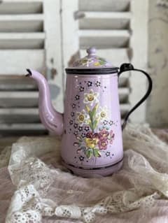 フランスアンティーク希少お花柄ピンクのハンドペイントのホーロー