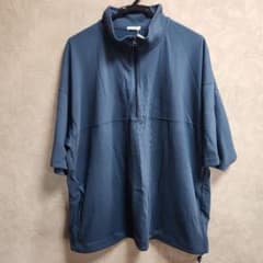 メンズ 半袖Tシャツ ダークブルーハーフジップシャツ ルーズフィットのサムネイル