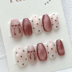 【現品】ネイルチップ バレンタインネイル ハート リボン ガーリー シンプルのサムネイル