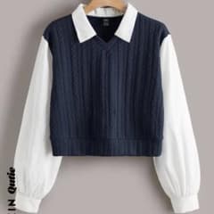 SHEIN シーイン　Qutie コントラスト　カラー　ケーブルニット　ブラウスのサムネイル