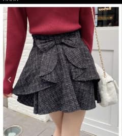 INGNI Backリボンツイードフレアミニスカパン クロ/ツイード