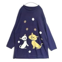 ジュネギャルソン 猫柄 ウール混 ロングニット セーター ネイビー XL