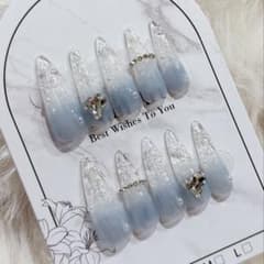 氷結ガラスネイル ネイルチップ ロングポイント ワンホン 水色 韓国氷結ネイルのサムネイル
