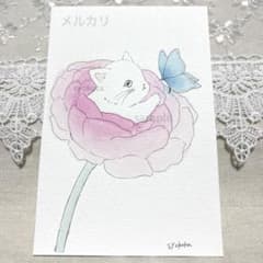 원화 수채화 고양이 꽃 나비 엽서 손으로 그린 ​​일러스트 아날로그 특후 입