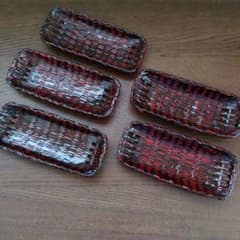 Set of 5 hand towel trays, lacquer-like finish, woven design, Showa retro style, Japanese antique.