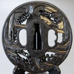 【鳳凰透鍔 布目象嵌 鉄地】 鍔 鐔 刀装具 日本刀 武具 アンティーク 骨董 鳳凰透鍔 布目象嵌 鉄地】 鍔 鐔 刀装具 日本刀 武具 アンティーク