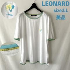 美品 LEONARD Tシャツ 裾スリット ロゴトリム 半袖 LL 花刺繍 白