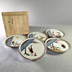 A1201-5/九谷焼/浅蔵五十吉 作/青九谷絵変銘々皿5客/共箱/懐石道具