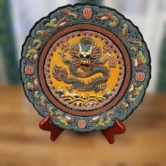 台湾交趾陶　龍文・飾り皿　立体龍　落款あり　専用箱皿立て付き　台湾購入のサムネイル
