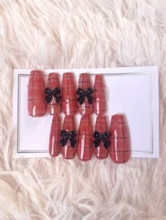 ハンドメイドネイルチップ レッド ピンク チェック リボン ネイルチップのサムネイル
