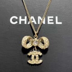 箱付き CHANEL ココマーク リボン ラインストーン ネックレス B14K 