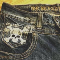 00s Y2K パンク グランジ クラッシュデニム フレア ドクロ刺繍 フラップのサムネイル