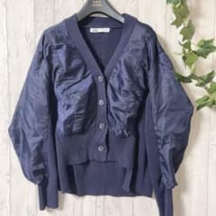 ZARA ザラ 異素材切替 ニットカーディガン ボリューム袖 S 紺