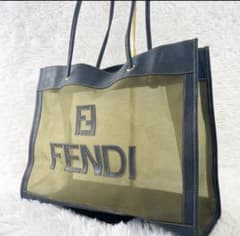 美品】フェンディ ロゴ メッシュ トートバッグ 肩がけ レザー ネイビー 