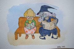 【一点もの】手描き水彩画「魔女も読みたいの？」ハガキサイズ 原画のサムネイル