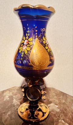 コバルトブルーガラス 花瓶 金彩 ハンドペイントのサムネイル