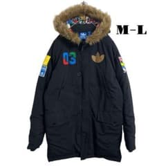 希少 adidas ワッペン ファー付 ダウンジャケット 黒 M-L - メルカリ