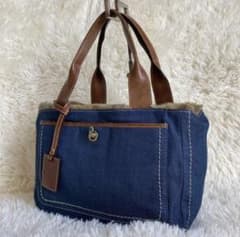 【美品】銀座かねまつ フェイクファー デニム調　キャンパス トートバッグ
