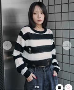 秋服　wego ボーダー ダメージニット ショート丈のサムネイル
