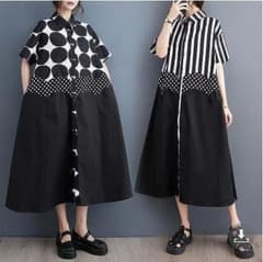 大きいサイズ レディース ワンピース　ドット　ストライプ　春夏 秋 新品 半袖：