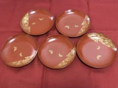 漆器 銘々皿 菓子皿 金の蝶と花柄 朱色 5枚セット お茶会 レトロ14.5cm