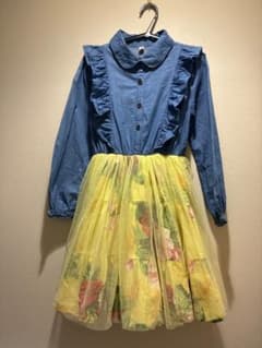 デニム×花柄チュール ドッキングワンピース 長袖のサムネイル