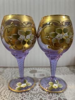 ヴィンテージ　リモージュワイングラス　金粒　紫色の高脚グラス 金色装飾　希少品 ヴェネチアングラス ワイングラス ペア パープル ゴールド - メルカリ