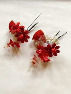 赤色 花型 髪飾り かんざし 2点セットのサムネイル