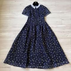 極美品】セルフォード 衿付き小花柄ワンピース ロングワンピース 紺