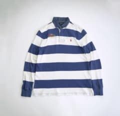 ポロラルフローレン 刺繍ロゴ 長袖ラガーシャツ 青白 L 古着. - メルカリ