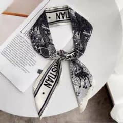 リボンスカーフ バッグスカーフ 花　フラワー　英字　鳥 　蝶々　ヘアリボン　黒