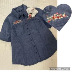 ピンクハウス ブラウス ダンガリー 綿 いちご イチゴ 苺 刺繍 