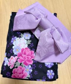 ジュニア浴衣 作り帯セット 黒地 花柄のサムネイル