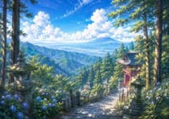 【イラスト】富士山と紫陽花の寺院 アートポスターのサムネイル