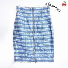 kP61 BALMAIN ロゴストライプ デニムタイトスカート モノグラム 金具