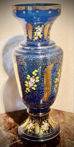 コバルトブルーガラス 花瓶 金彩 ハンドペイントのサムネイル