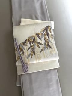 絹 引き箔 夏帯·単衣帯 手刺繍 アイボリー 雪輪に笹 袋帯 未使用