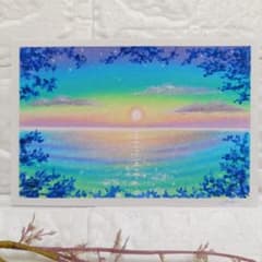 幻想的な海の風景画 星空 オイルパステル画原画 ハガキサイズ 絵画 #122 幻想的な海の風景画 朝日 オイルパステル画原画 ハガキサイズ 絵画