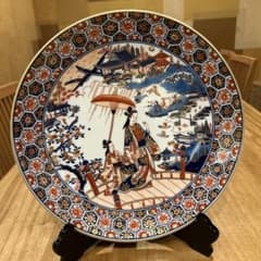 有田焼 松右衛門 古伊万里 飾り皿大皿色絵傘 美人文大皿 近江八景之 箱