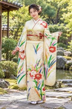 QW24 成人正絹振袖 クリーム地 草花文牡丹暈し染華やか 美しい 169cm