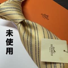 未使用タグ付 HERMES Hロゴステッチ ストライプ ネクタイ イエロー