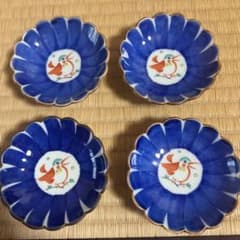 有田焼 賞美堂 其泉窯 瑠璃赤絵花鳥 菊割皿 3枚セット 小皿 三つ足 古