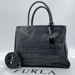 極美品 FURLA 2wayバッグ クロコ型押し 3層式 グレー f984 - メルカリ