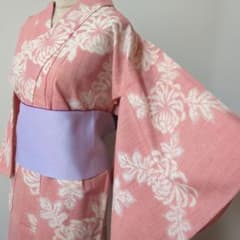 ウール着物　単衣　バチ衿　オレンジピンク 143/61/22/28.5/48