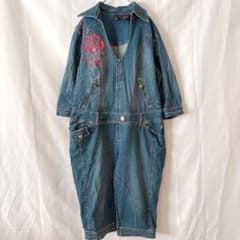 Dereonデニム オールインワン 刺繍 ビッグサイズ 3L 青 襟付 七分袖 