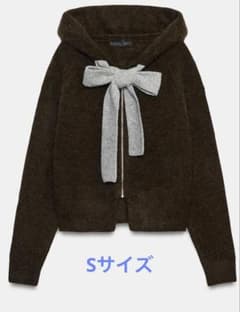 ZARA Sサイズ　フード付きニットパーカー リボン　ブラウンのサムネイル