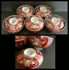 江戸時代末期 古伊万里 金彩赤絵 唐子遊びの図 【図変わり】 蓋付碗