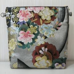 正絹袋帯( 美品 桜 幾何学模様 唐織金銀糸 銀色)リメイクショルダー